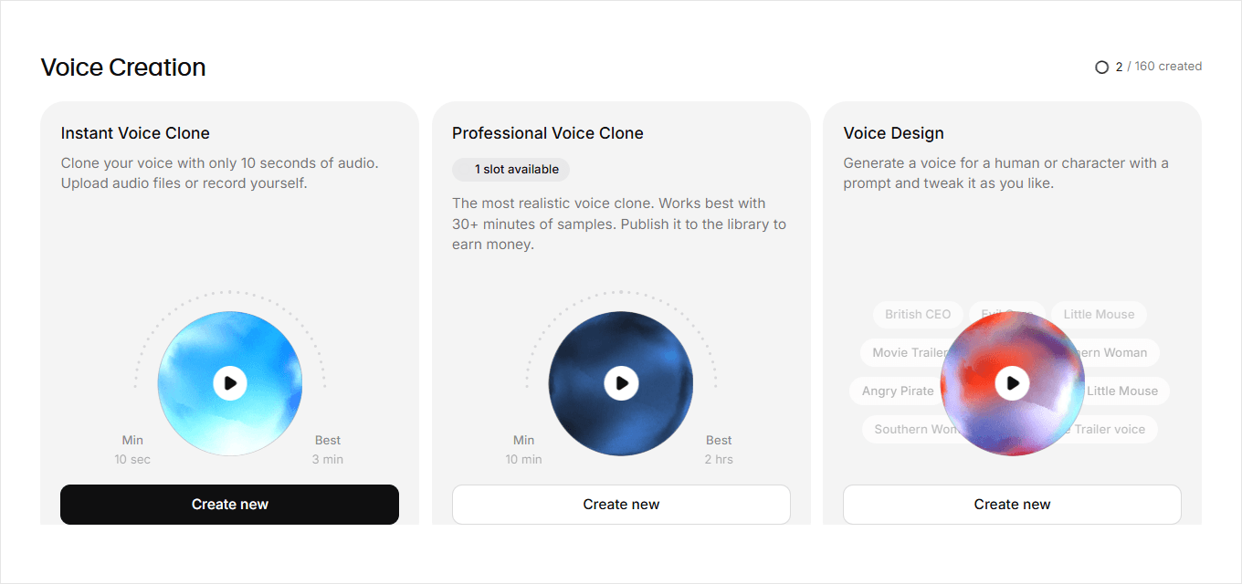 The Voice Creation page. Click Create new on the Instant Voice Clone card, on the left.