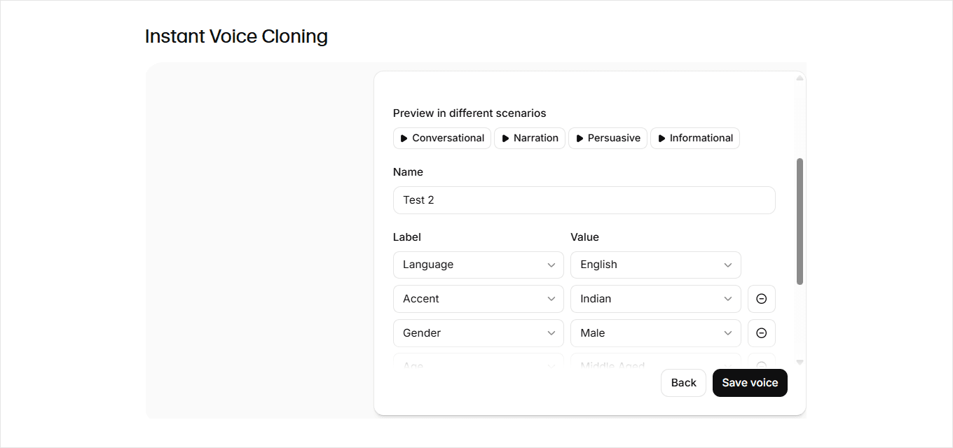 Name the voice, set its labels, then click Save voice.