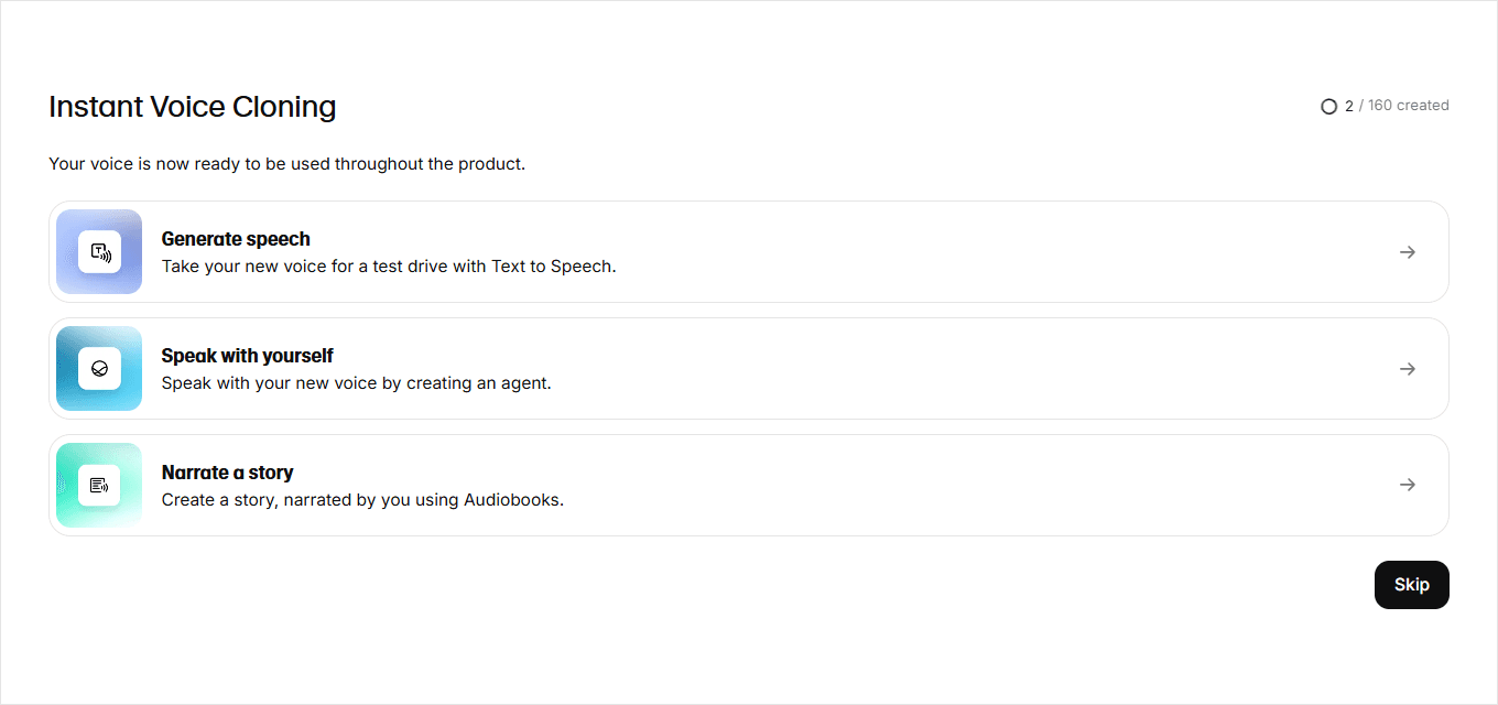 Your voice is ready. Click Generate speech to try it.