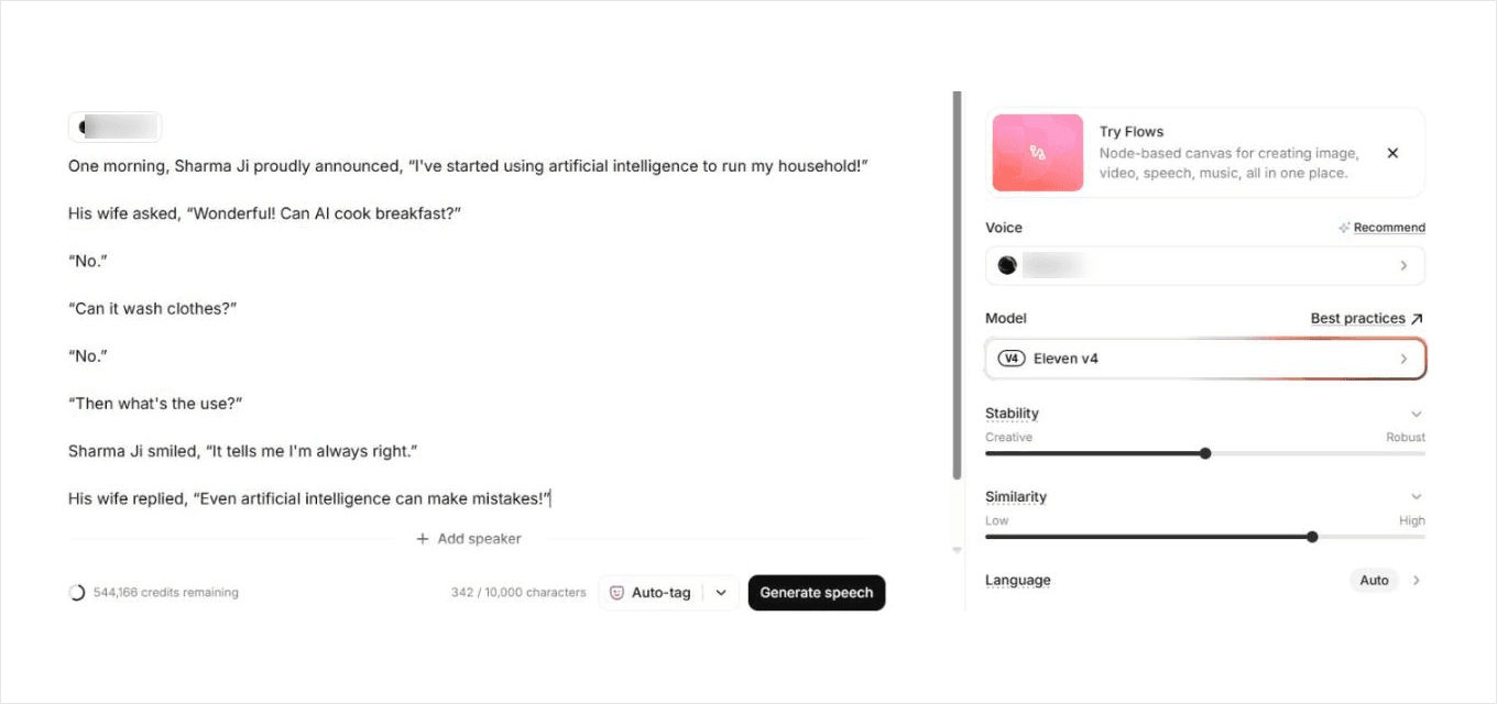 Your voice selected, Eleven v4 as the model and the sample pasted in. Click Generate speech.