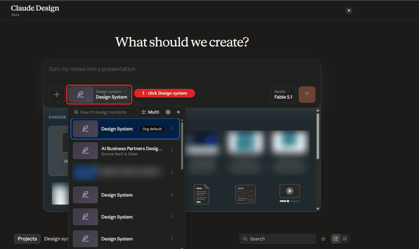 Claude Design's home screen, "What should we create?", with the Design system chip in the prompt box marked in red and the list of design systems dropped down beneath it.