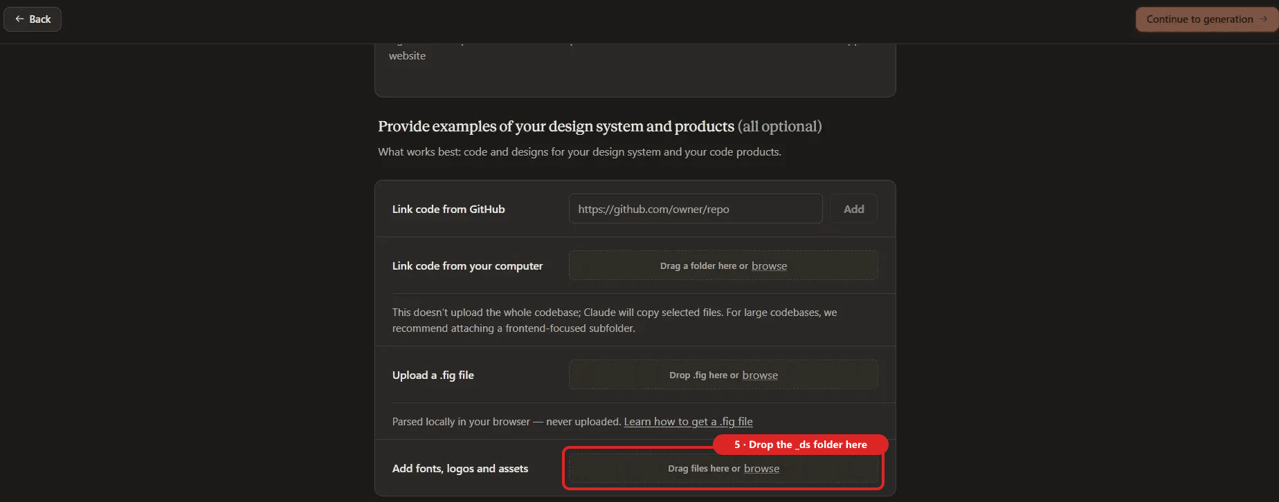 The lower part of the "Set up your design system" page. The bottom row, Add fonts, logos and assets, is outlined in red with the label "Drop the _ds folder here".