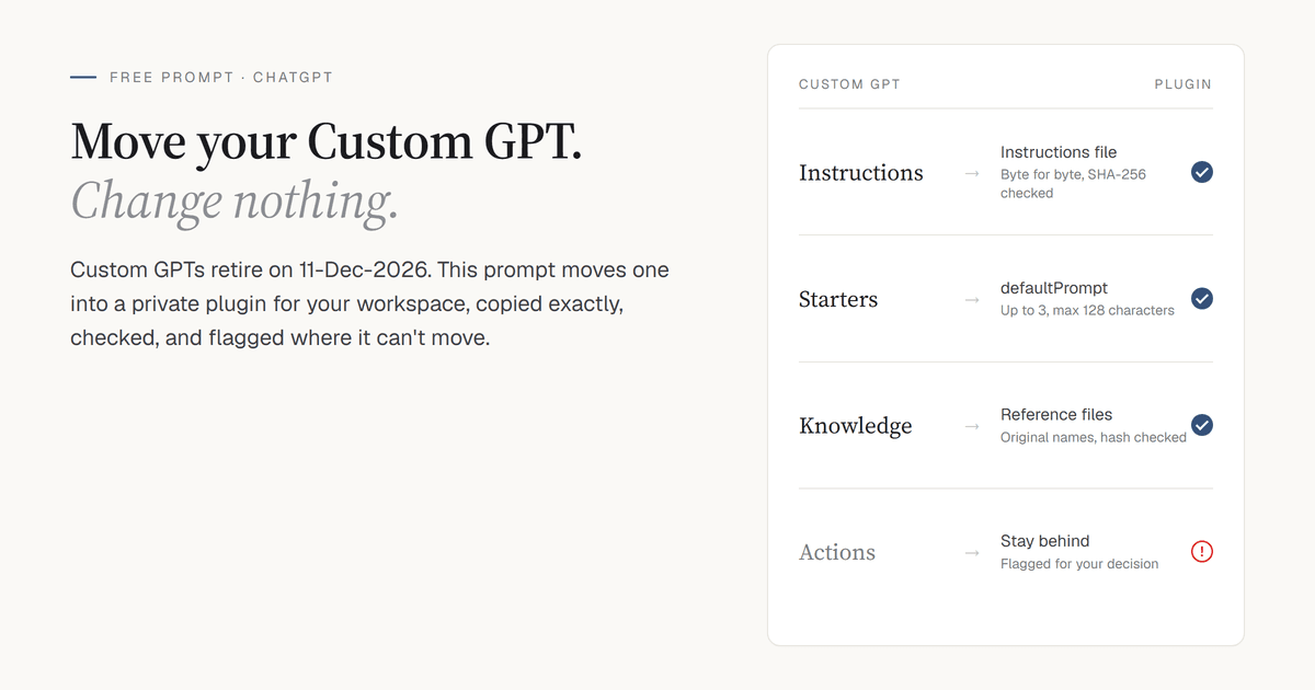 Move a Custom GPT into a Plugin for ChatGPT — Exactly as It Is