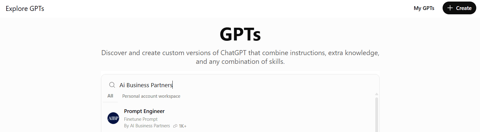 Searching "AI Business Partners" in Explore GPTs brings up the Prompt Engineer, marked "By AI Business Partners".
